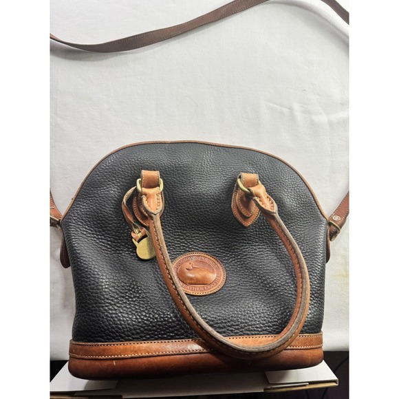 Dooney & Bourke Handbags - Dooney & Bourke Vintage All Weather Leather Domed Satchel Black Tan Made in USA